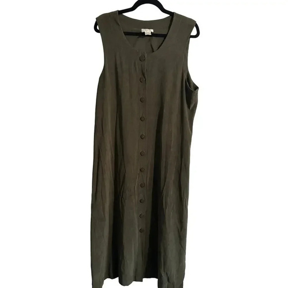 Christopher & Banks Maxi Dress Womens 16 Olive Green Round Neck Button Suede - Picture 2 of 10